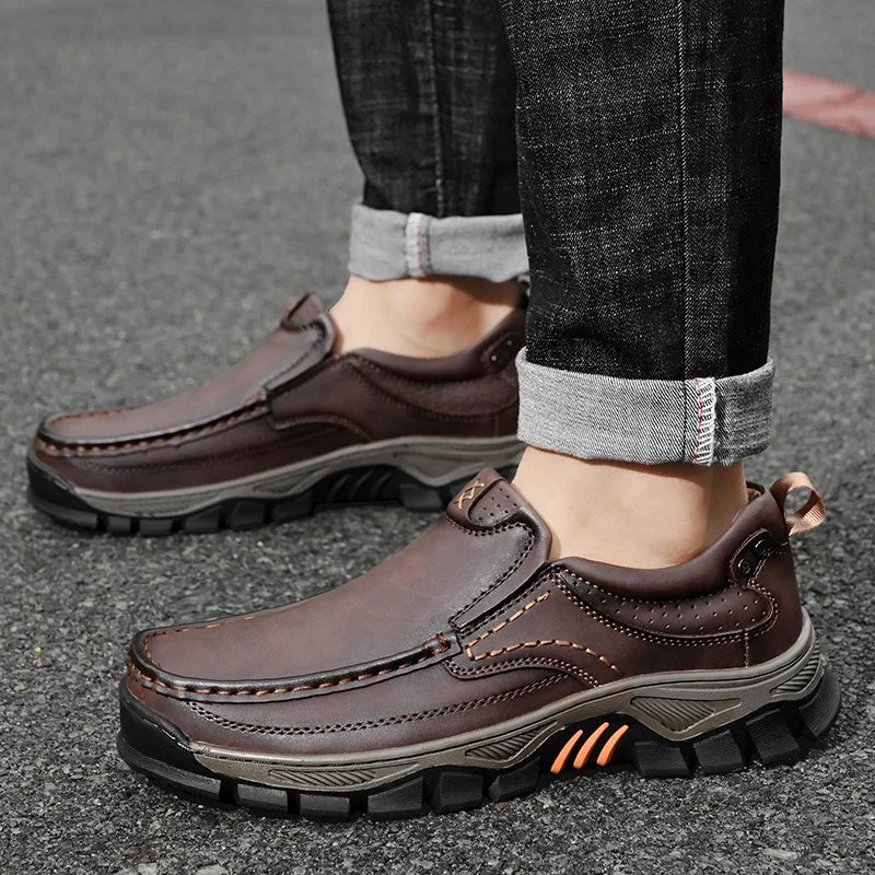 Retro Style Leather Loafers Mens Comfort Casual Shoes Breathable Male Driving Footwear Moccasin Travel Climbing Camping Footwear