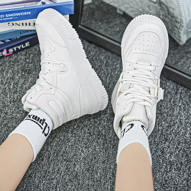 Men Platform Sneakers Lace Up Simple Design Skateboard Flats Outdoor Running Sports Shoes Casual High Top Sneakers For Couple 46