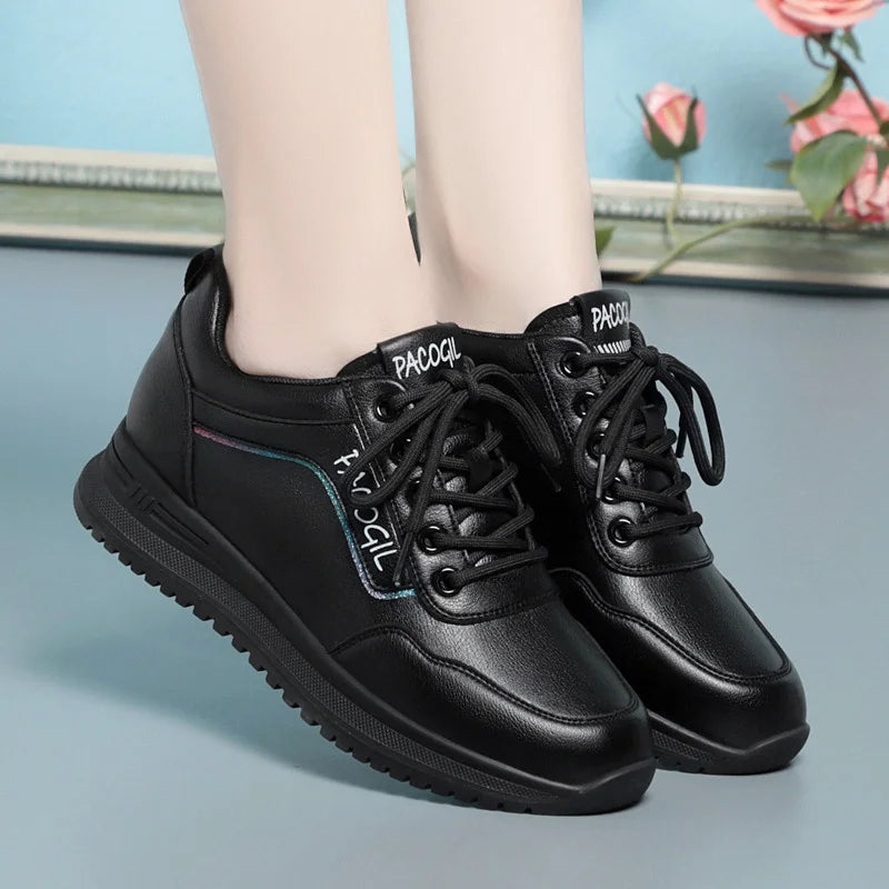 Women Versatile Non-slip Spring Autumn Soft Sole Soft Leather Shoes Fashion Breathable Lace-Up Solid Casual Flat Sneakers