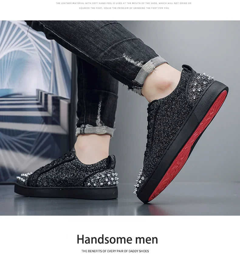 Trend Men Leather Casual Shoes Punk Style Rivet Flat Skate Shoes Young Man Street Black Sneaker