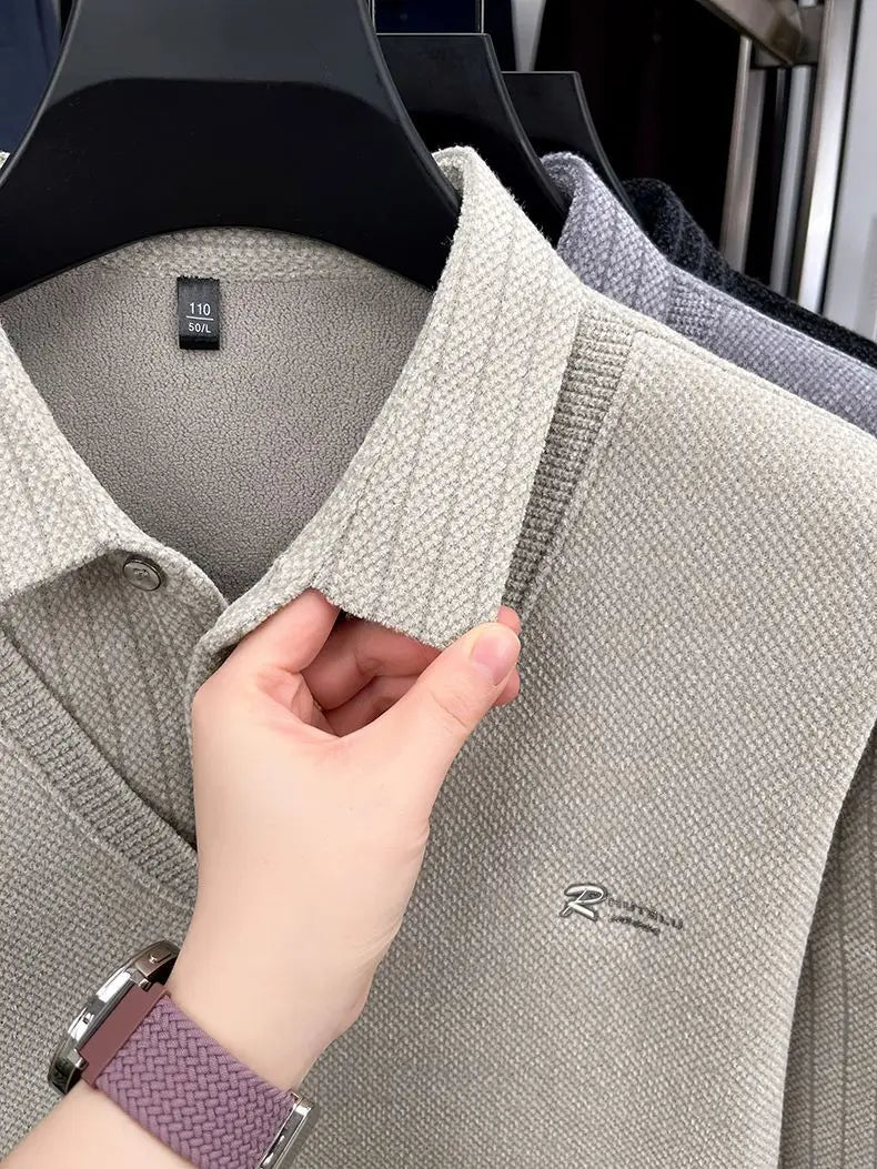 Mens Sweater Polo Collar Label Patchwork Stripes Plush Wool Liner Knitted Thickened Sweater Brand Luxury Print Thermo Menswear
