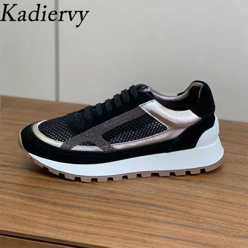 Casual New Sneakers Woman Round Toe Lace Up Outdoors Shoes Cow Suede Patchwork String Bead Comfort Flat Women's Sports Shoes