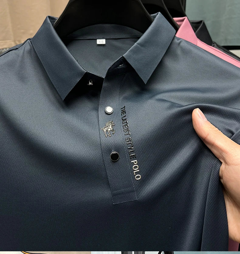 High End Brand New Summer Solid Color Silk Cotton High-quality Short Sleeved Polo Men's Fashionable Business Seamless Casual Top