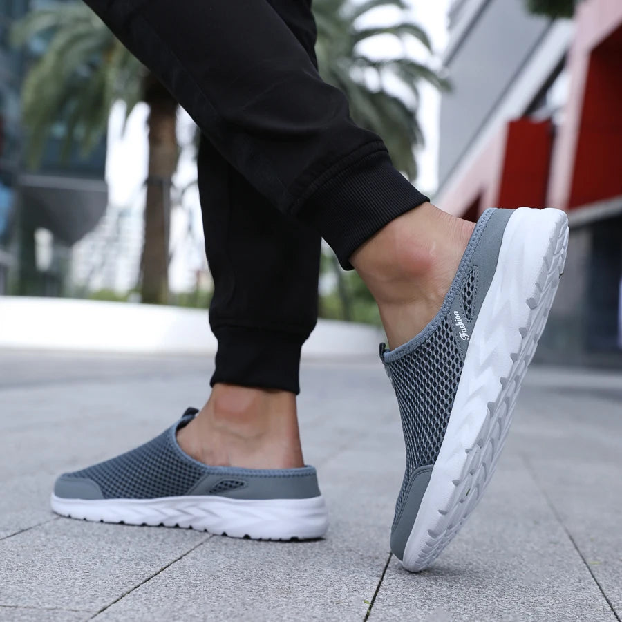 New Mens Half Slippers Summer Breathable Mesh Shoes Men Outdoor Casual Slip on Sandals Comfortable Lightweight Mesh Slippers Man