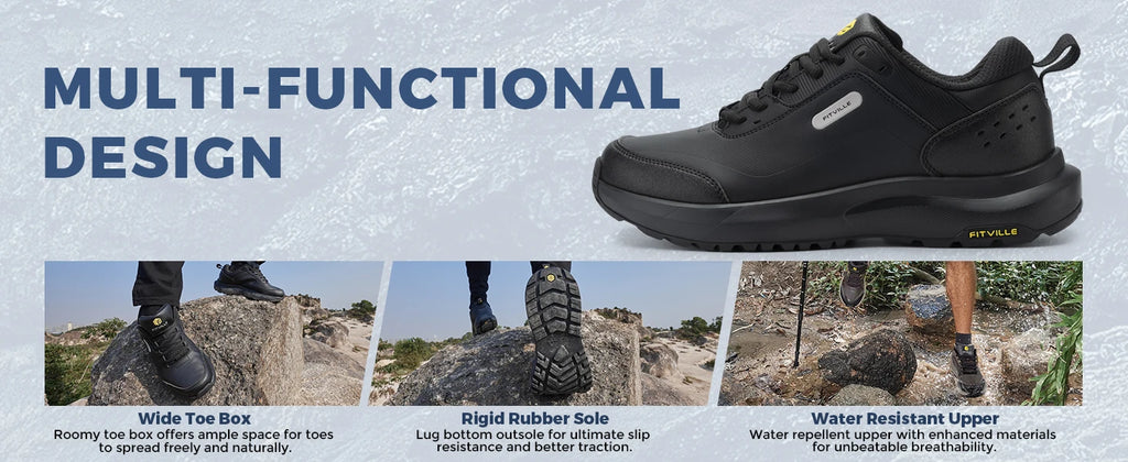 Fittington Hiking Shoes Extra Wide For Man Outdoor Walking Shoes Low-top Waterproof Work Shoes Toe with Arch Support for Heel