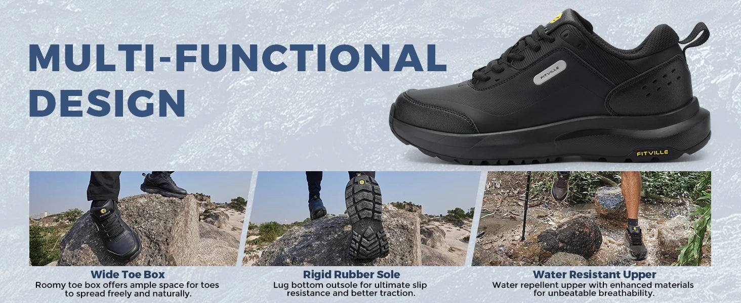 Fittington Hiking Shoes Extra Wide For Man Outdoor Walking Shoes Low-top Waterproof Work Shoes Toe with Arch Support for Heel
