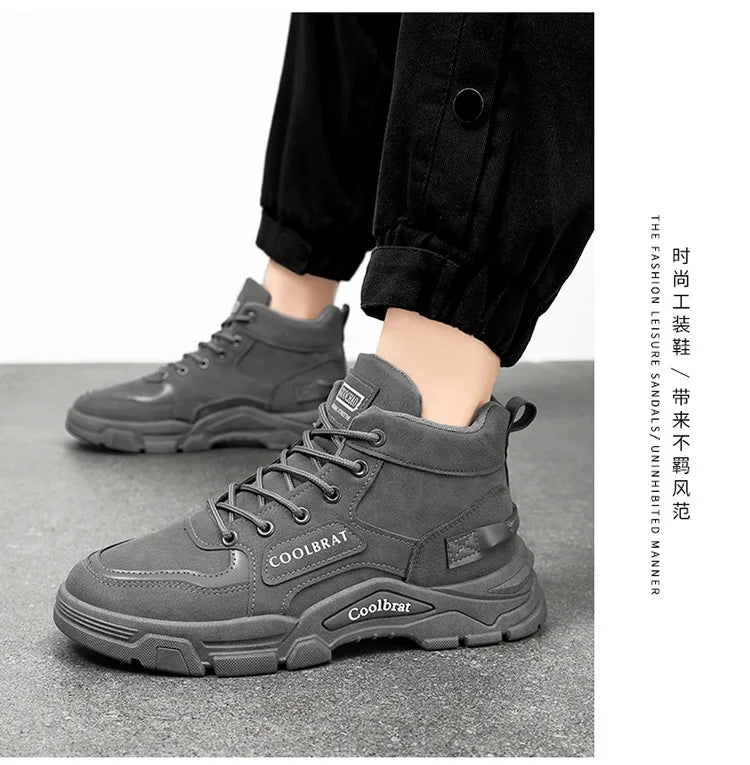 2026 new Men's High Top Boots Trendy Black Motorcycle Boots Outdoor Warm Platform Boots Men Lace-up Leather Boot Bota Masculina