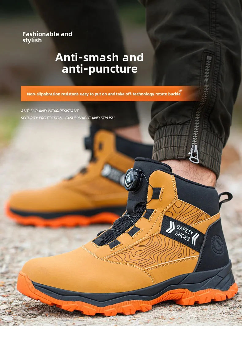 waterproof work shoes high man rotating button safety shoes anti-slip rubber outsole work boots sneakers with steel toe cap