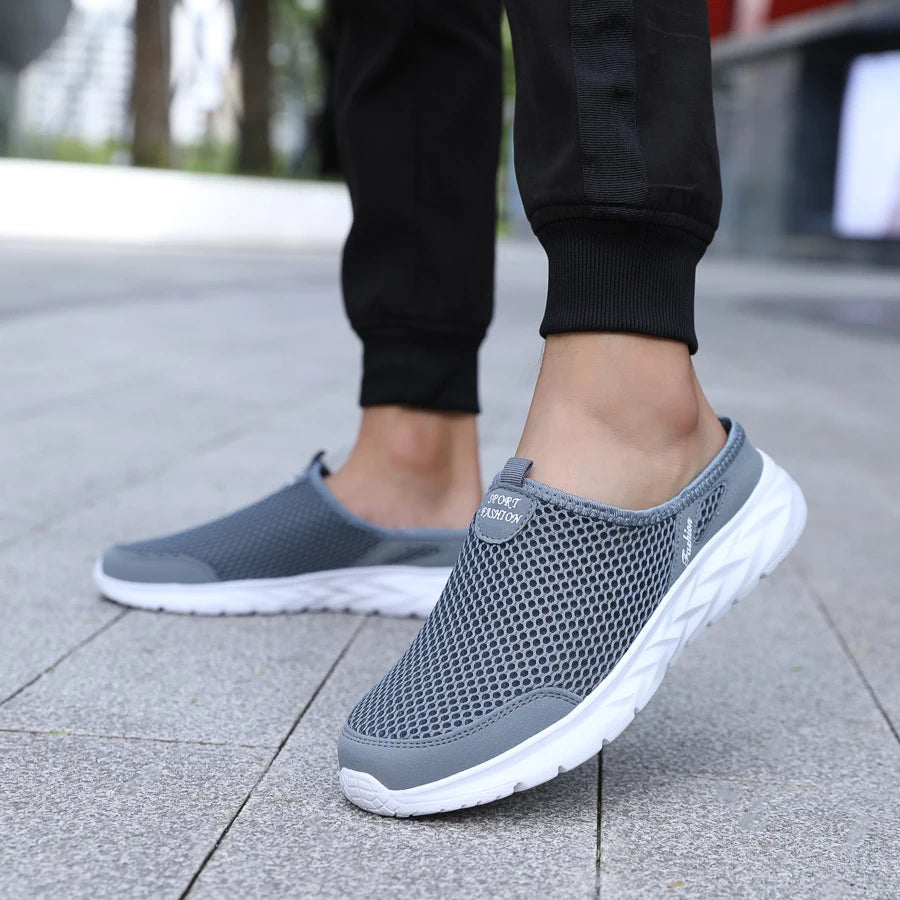 New Mens Half Slippers Summer Breathable Mesh Shoes Men Outdoor Casual Slip on Sandals Comfortable Lightweight Mesh Slippers Man