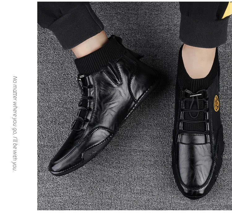CLOHOO Men's Wear-resistant Boots Casual Classic Genuine Leather Handmade Shoes Ankle Round Toe Lace Up Walking Business Boot