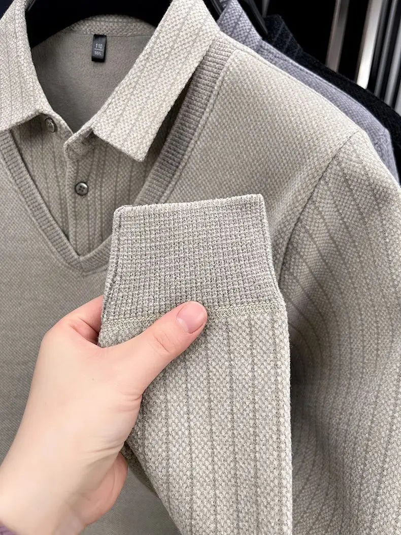 Mens Sweater Polo Collar Label Patchwork Stripes Plush Wool Liner Knitted Thickened Sweater Brand Luxury Print Thermo Menswear
