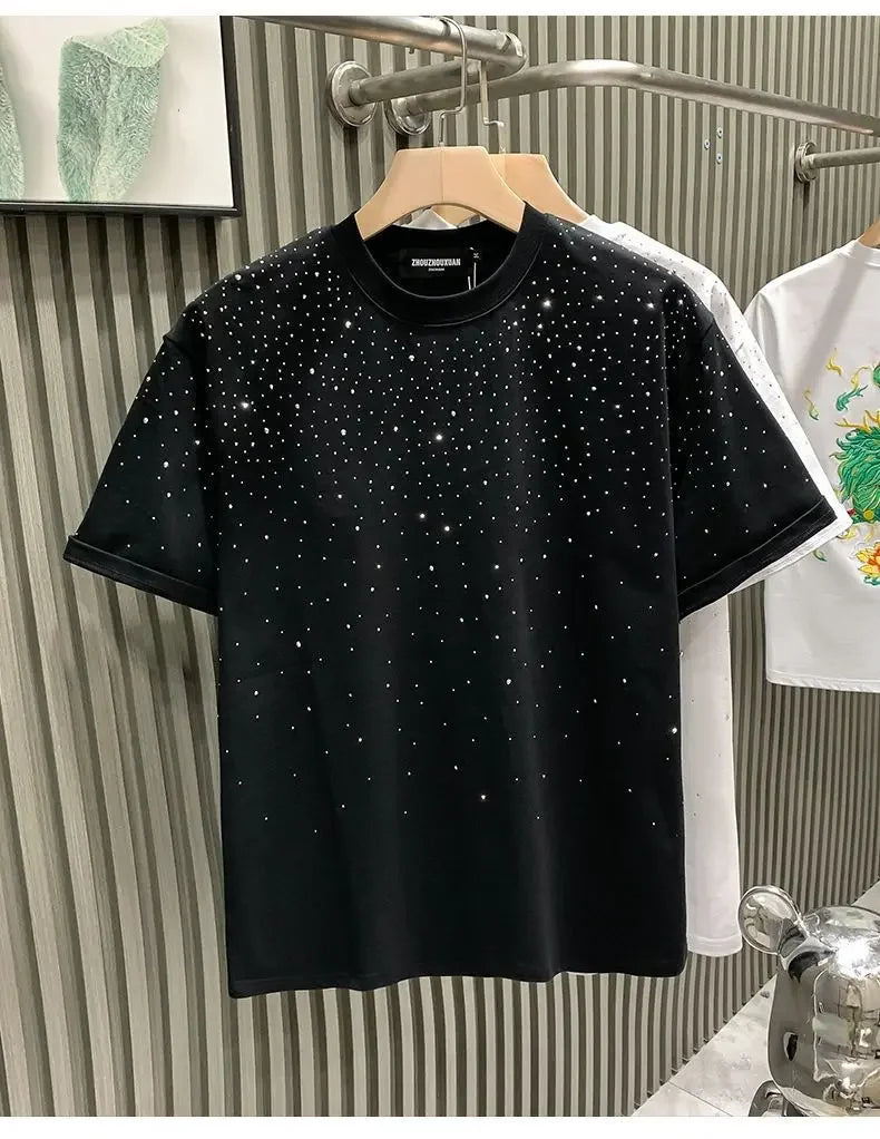 Summer Rhinestone Rivet T-shirt for Men Clothing Round Neck Casual T-shirt Fashion High Street 2024 Men's Summer Short Sleeves