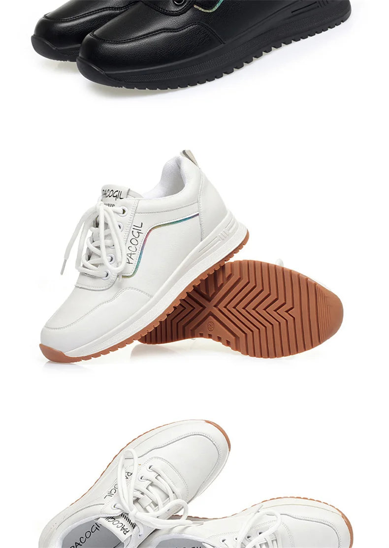 Women Versatile Non-slip Spring Autumn Soft Sole Soft Leather Shoes Fashion Breathable Lace-Up Solid Casual Flat Sneakers