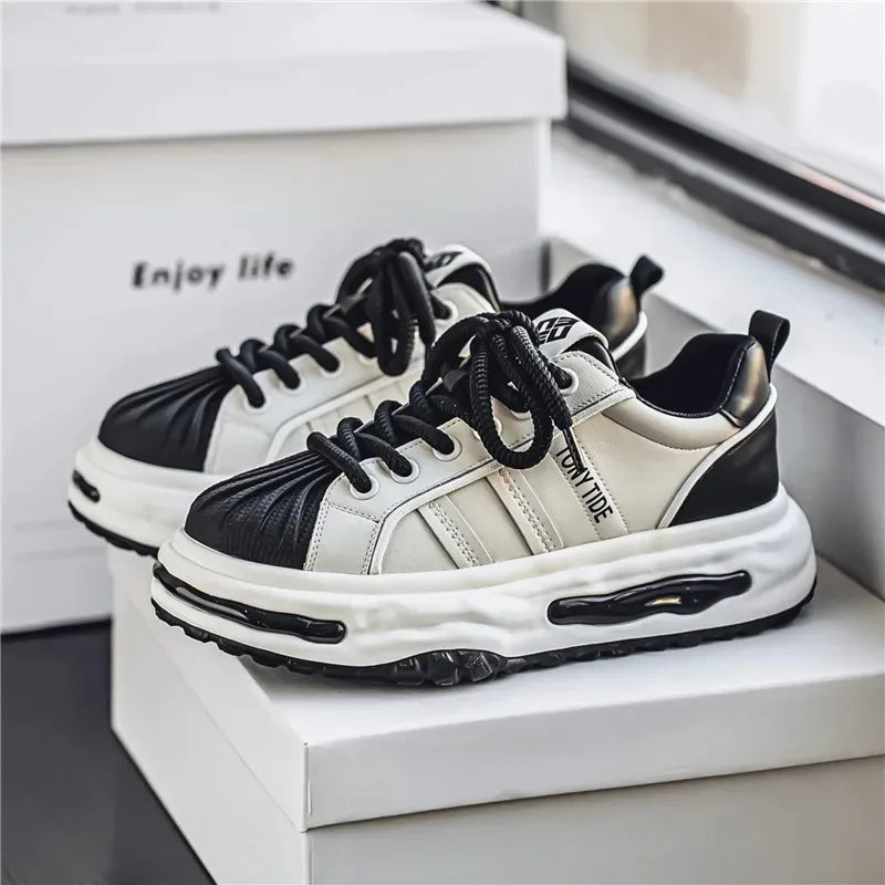 Men's Sneakers Design Printing Leather Casual Sports Shoes Fashion Comfortable Height Increased Flat Platform Skateboard Shoes