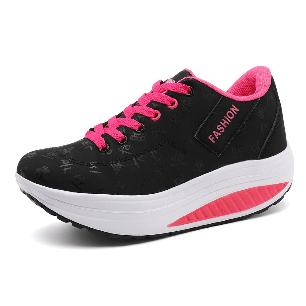 Ladies Casual Sports Shoes Breathable Comfortable Wedge Heel Thick Sole Sneakers Lace-up shoes