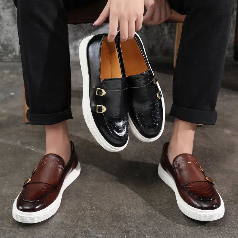 Man Casual Shoes Fashion Snakeskin Grain Leather Men's Retro British Style Loafers Slip-on Outdoor Flats Monk Shoe