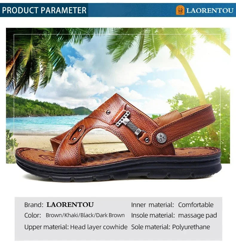 LAORENTOU leather male sandals casual beach shoes wear non-slip sandals and sliers cowhide