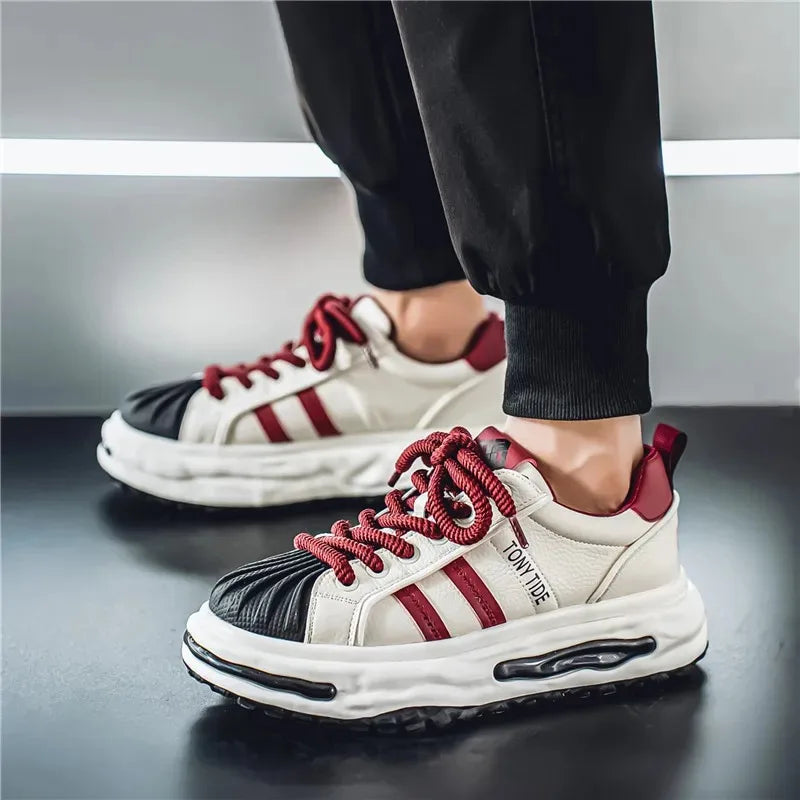 Men's Sneakers Design Printing Leather Casual Sports Shoes Fashion Comfortable Height Increased Flat Platform Skateboard Shoes