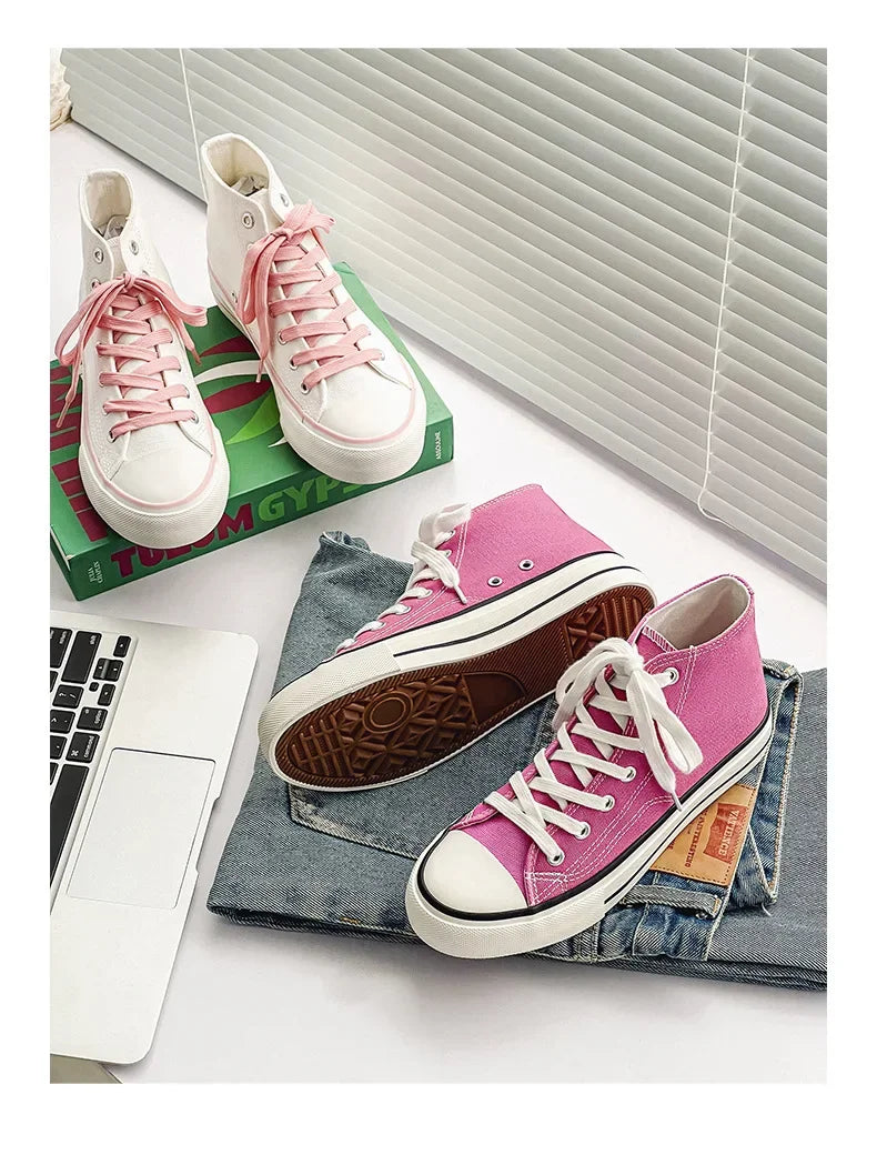 Retro High Top Canvas Shoes Classic Breathable Unisex Spring Autumn Fashionable Couple Style Cotton Lined Flat Bottom Sneakers