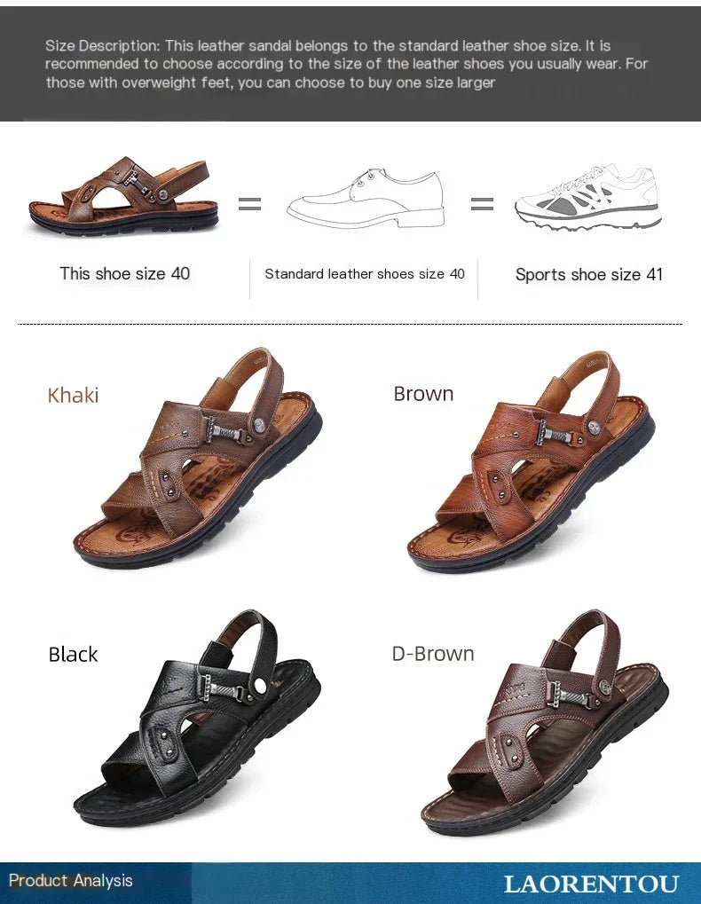 LAORENTOU leather male sandals casual beach shoes wear non-slip sandals and sliers cowhide