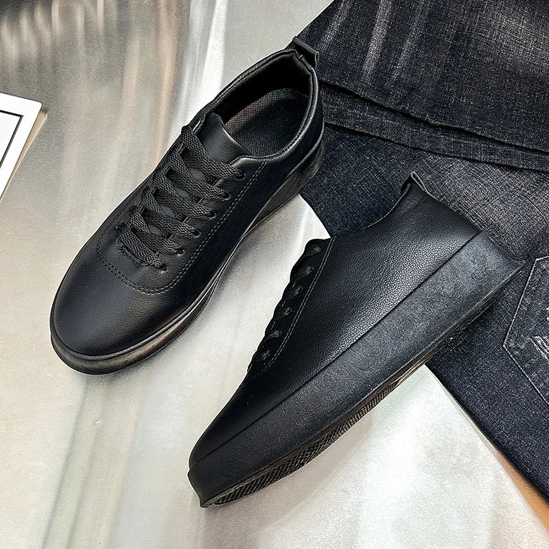 Fashion Thick Sole Black White Soft Men Leather Shoes Platform Men Casual Board Shoes Walking Sport Shoes Lightweight Work Shoes