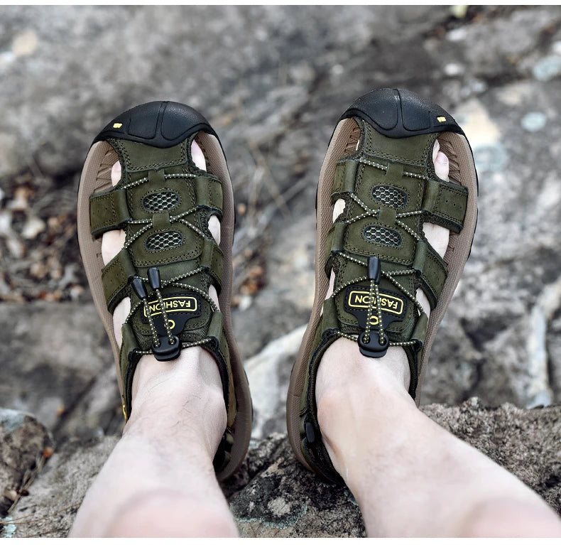 Men Summer Beach Sandals Outdoor Non-slip Wading Shoes Fisherman Leather Breathable Hiking Non-slip Sandals Sandalia Masculina
