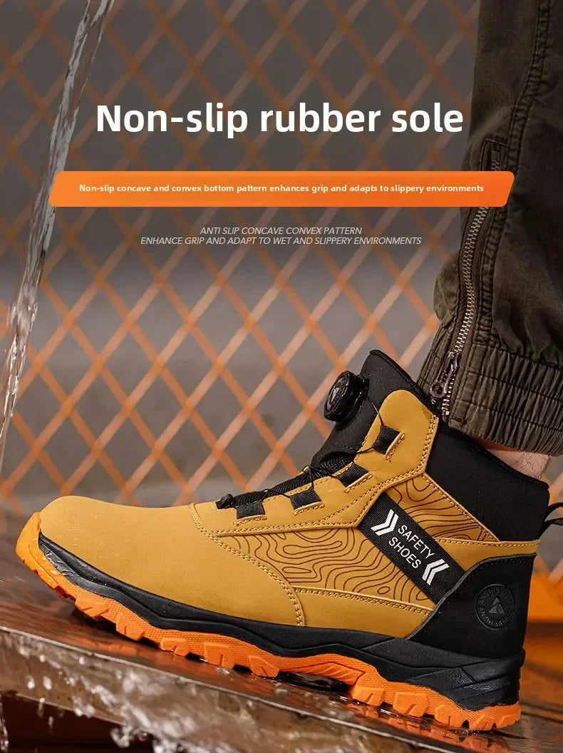 Waterproof Steel Toe Work Shoes Anti Crush Slip Resistant with Rotating Buckle No Tie Cross-Border Labor Protection Shoes