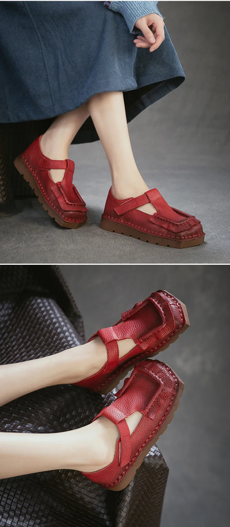 Johnature 2026 Spring New Square Toe Thick Soled Comfortable Commuter Women's Shoes Retro Genuine Leather Flats