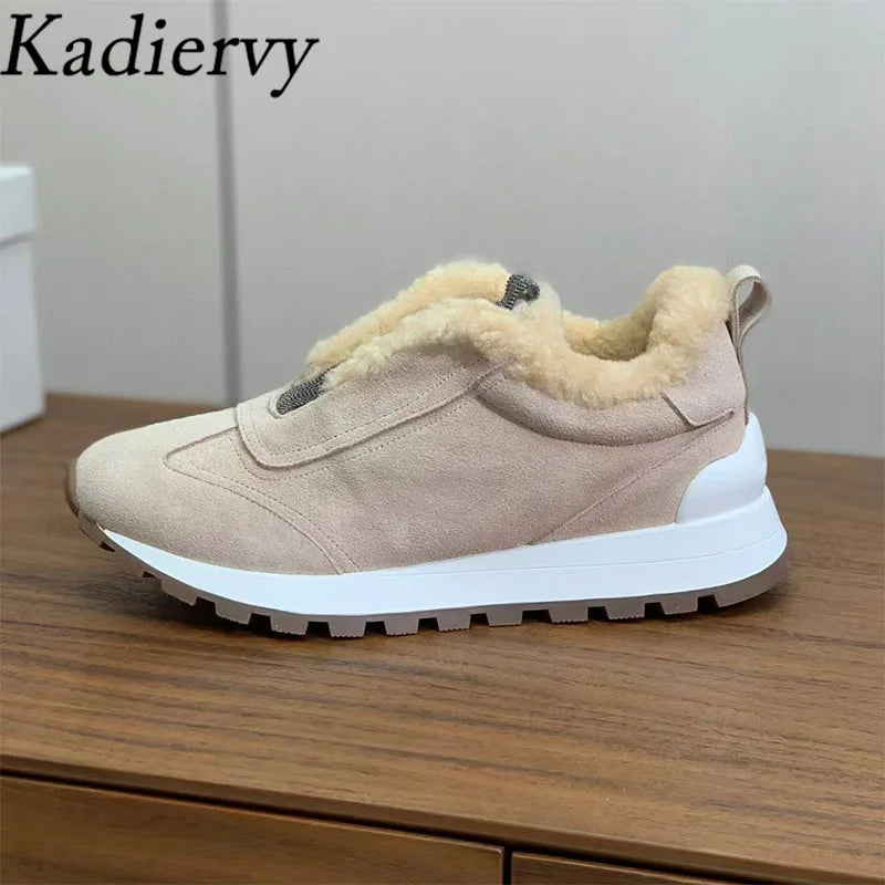 Casual New Sneakers Woman Round Toe Lace Up Outdoors Shoes Cow Suede Patchwork String Bead Comfort Flat Women's Sports Shoes