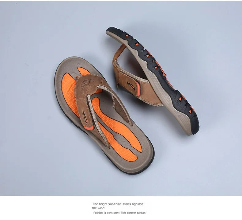 Cow Leather Outdoor Men Slippers Non-slip Wear-resistant Men's Flip Flops Summer Casual Shoes For Men Beach Sandals Plus Size