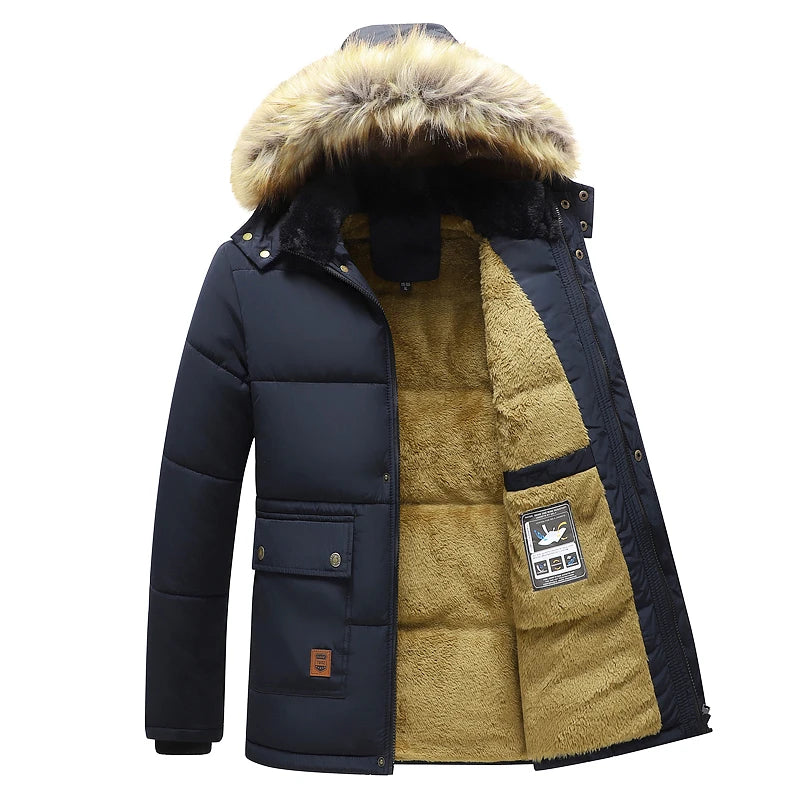 Men 2025 Winter New Windproof Fleece Warm Thick Jacket Parkas Coat Men Fashion Hooded Fur Collar Jacket Classic Casual Parka Men
