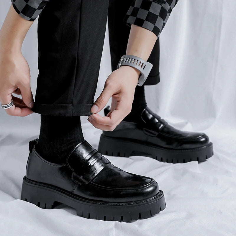 Men Korea Leather Platform Oxfords Slip On Thick Tottom For Male Derby Shoes Casual Loafers Mens Square Toe Formal Dress Shoes