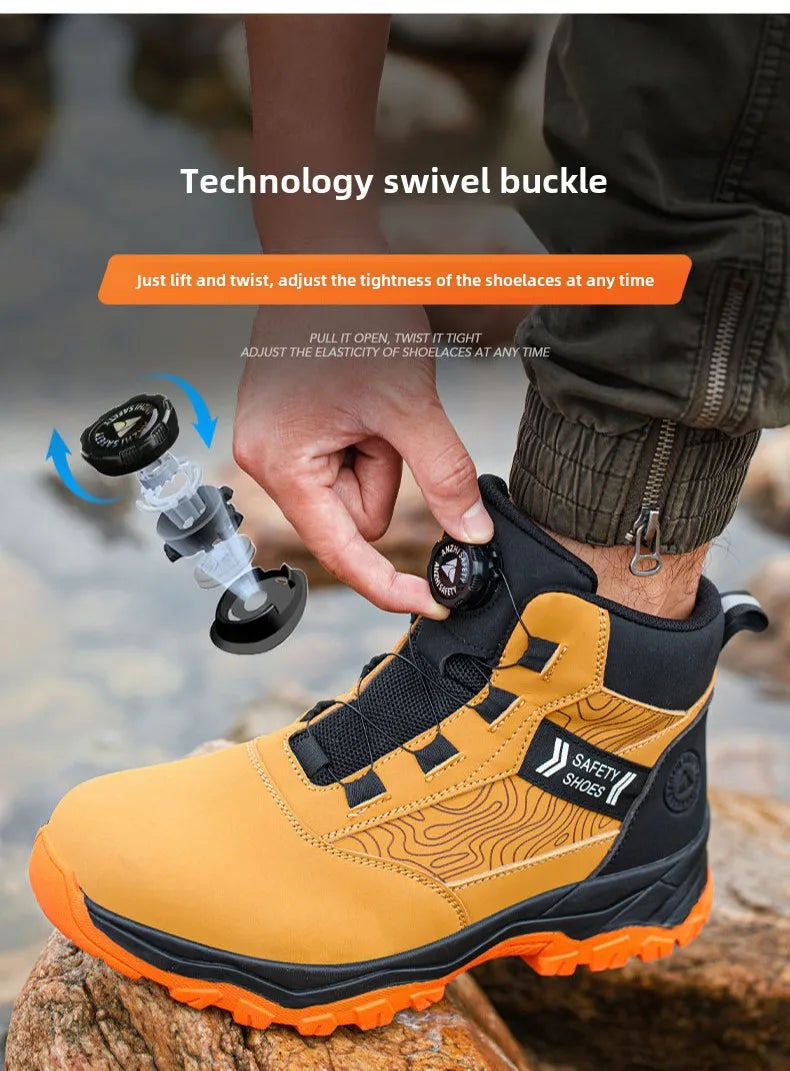 waterproof work shoes high man rotating button safety shoes anti-slip rubber outsole work boots sneakers with steel toe cap