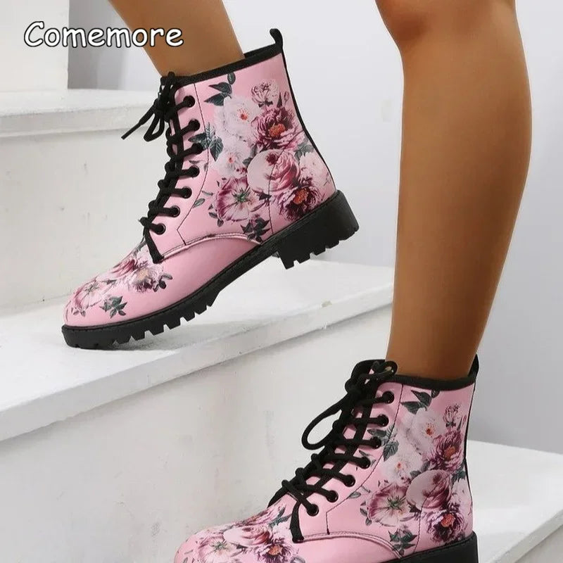 Comemore Spring 2025 Boots Leather Toe Lace-up Mid-tube Flat Pink Leather Boots Fashion Women's Low Heel Boot Shoes Plus Size 46