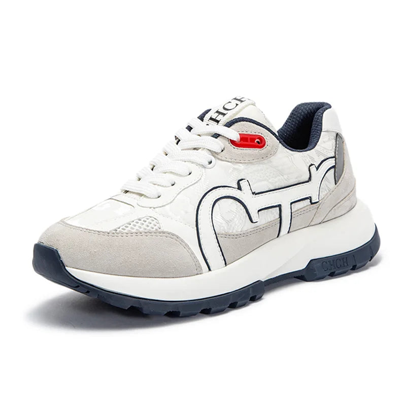 CHCH Women's Tennis Shoes 2024 Spring New Bull Leather+Fabric Spliced Casual Sports Shoes