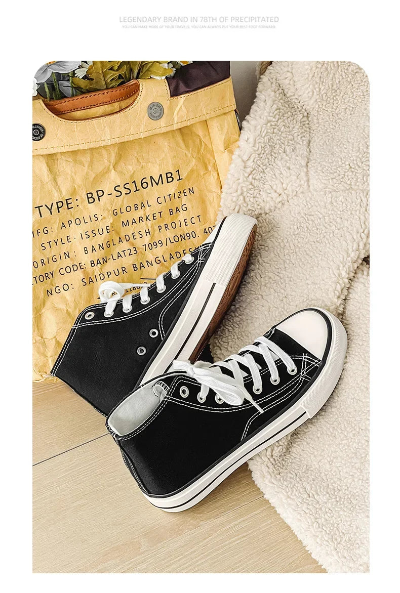 Retro High Top Canvas Shoes Classic Breathable Unisex Spring Autumn Fashionable Couple Style Cotton Lined Flat Bottom Sneakers
