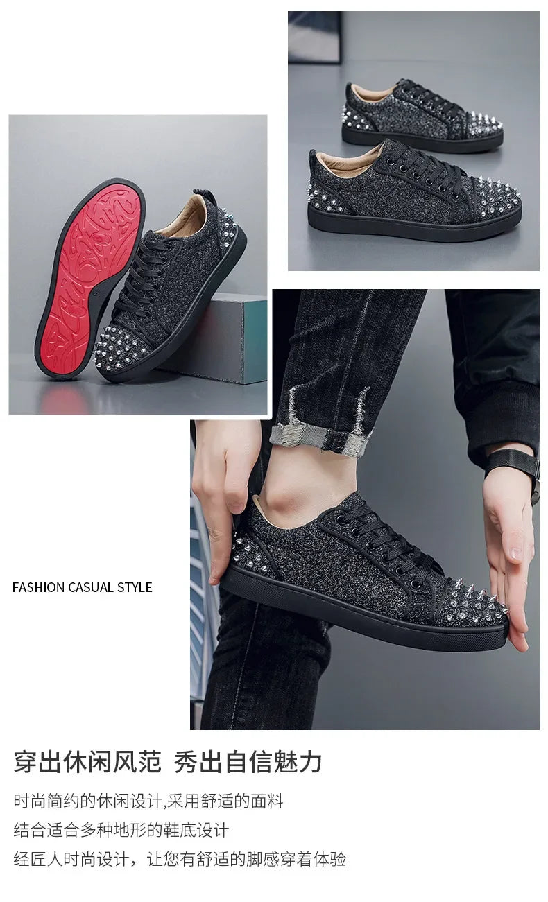 Trend Men Leather Casual Shoes Punk Style Rivet Flat Skate Shoes Young Man Street Black Sneaker