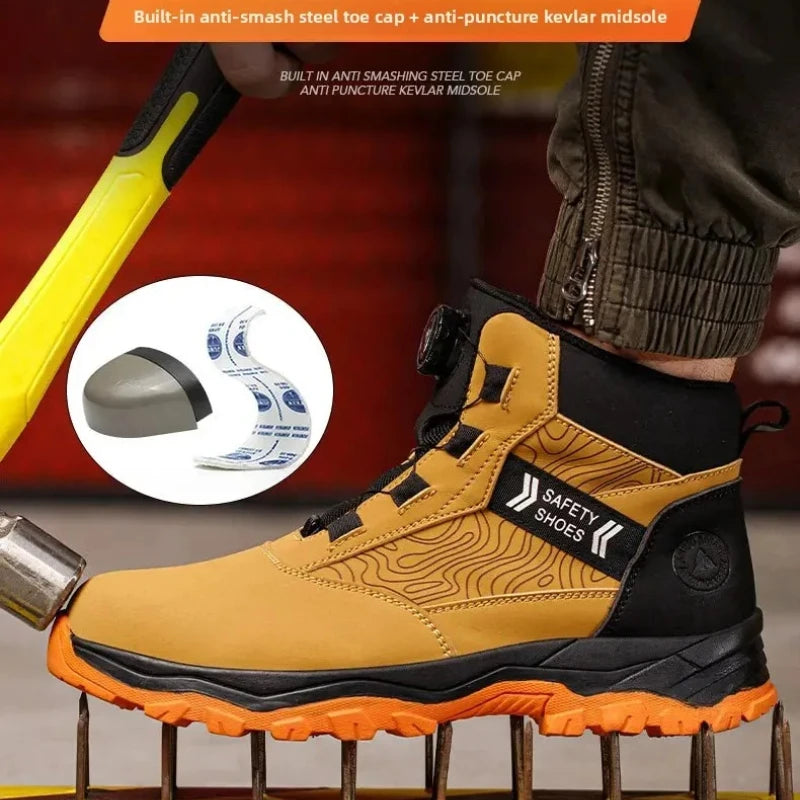 Waterproof Steel Toe Work Shoes Anti Crush Slip Resistant with Rotating Buckle No Tie Cross-Border Labor Protection Shoes