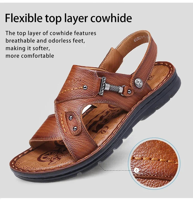 LAORENTOU leather male sandals casual beach shoes wear non-slip sandals and sliers cowhide