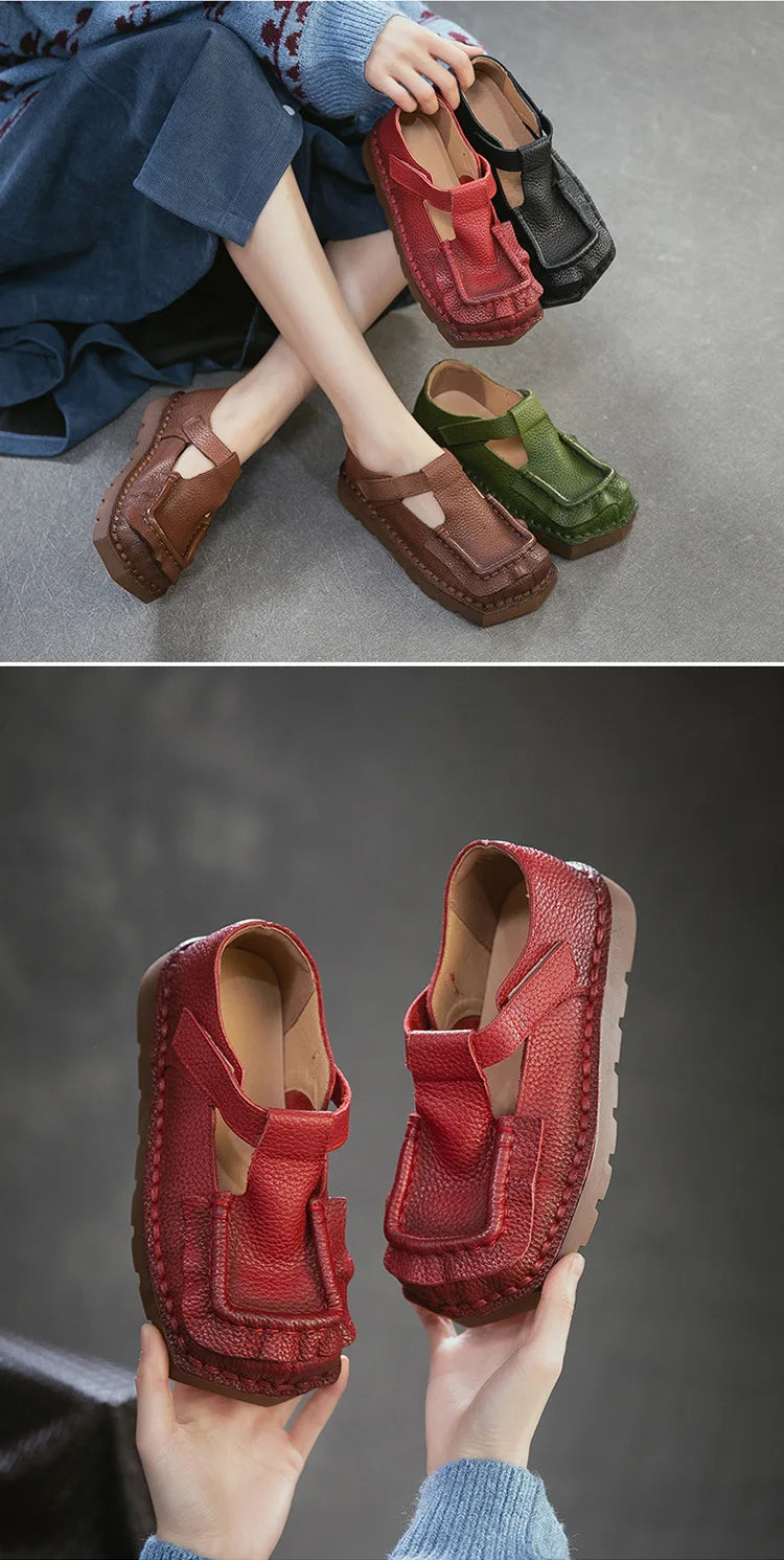 Johnature 2026 Spring New Square Toe Thick Soled Comfortable Commuter Women's Shoes Retro Genuine Leather Flats