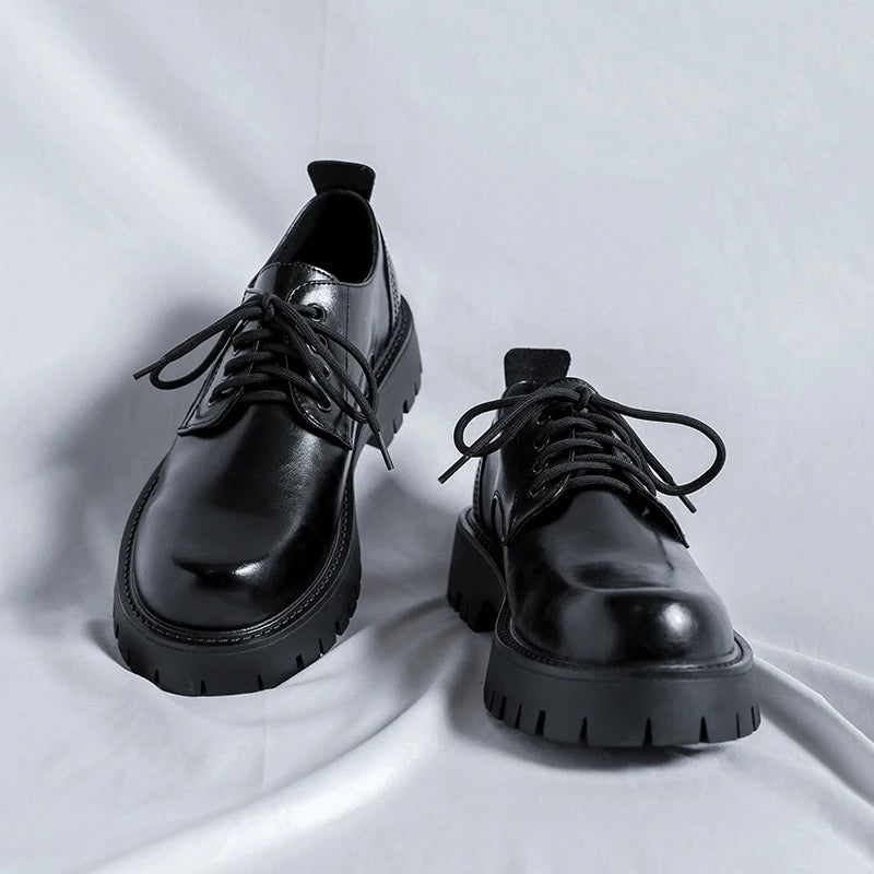 Men Korea Leather Platform Oxfords Slip On Thick Tottom For Male Derby Shoes Casual Loafers Mens Square Toe Formal Dress Shoes