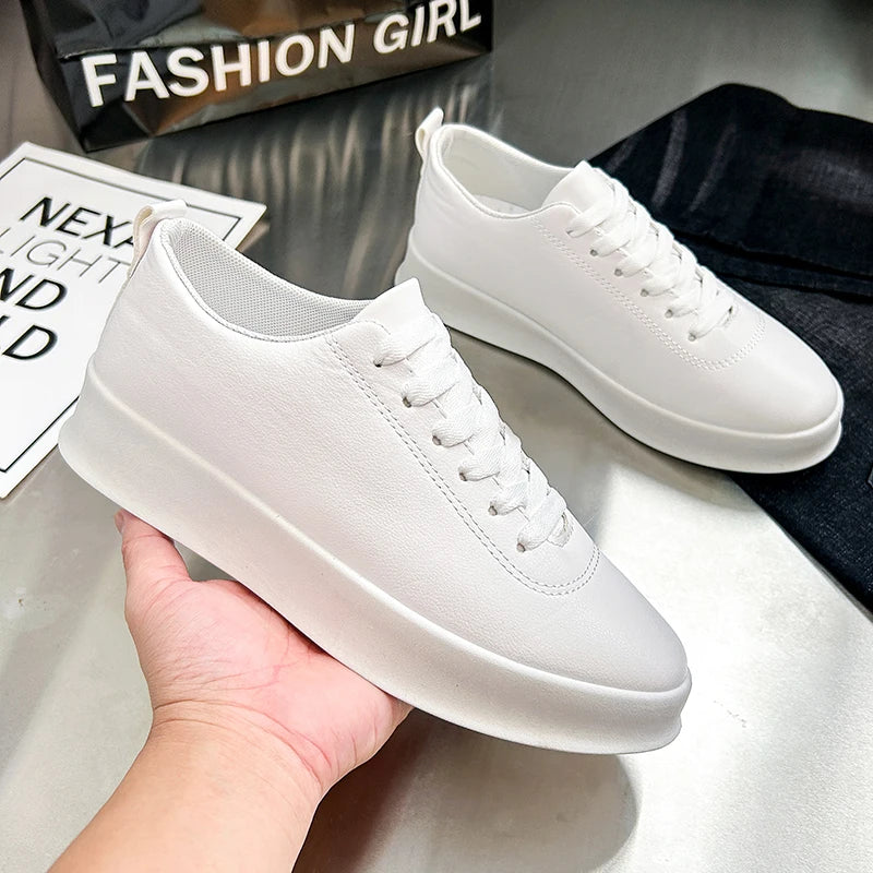 Fashion Thick Sole Black White Soft Men Leather Shoes Platform Men Casual Board Shoes Walking Sport Shoes Lightweight Work Shoes