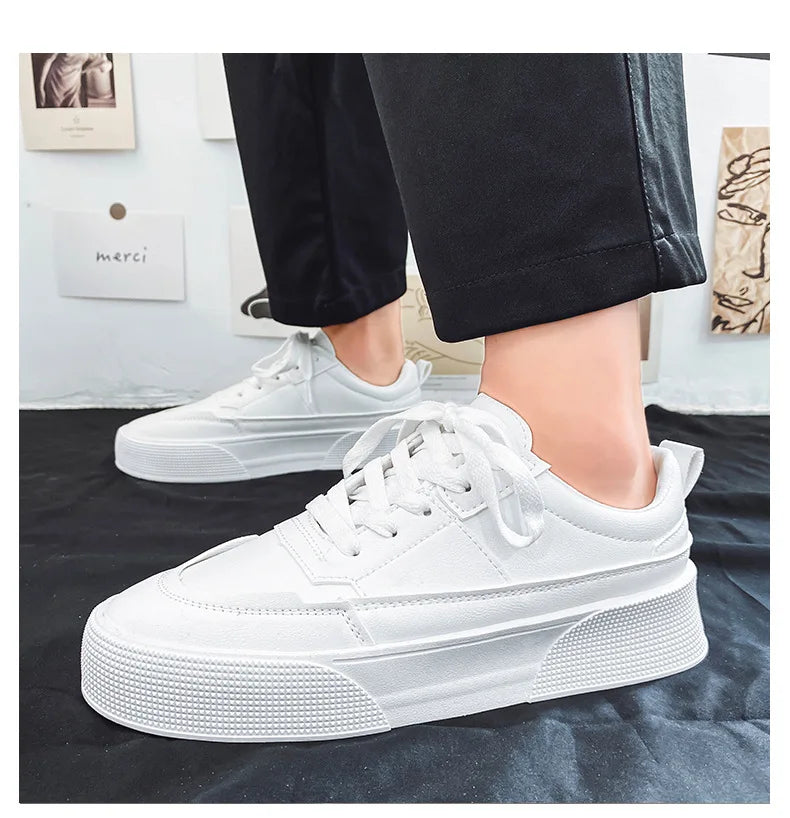 Men White Shoes Leather Casual Sneakers  Trend Platform Shoes Comfortable Vulcanized Shoes for Men White Tenis Masculinos