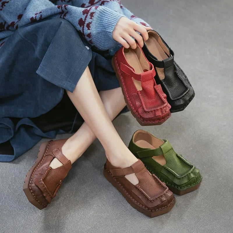Johnature 2026 Spring New Square Toe Thick Soled Comfortable Commuter Women's Shoes Retro Genuine Leather Flats