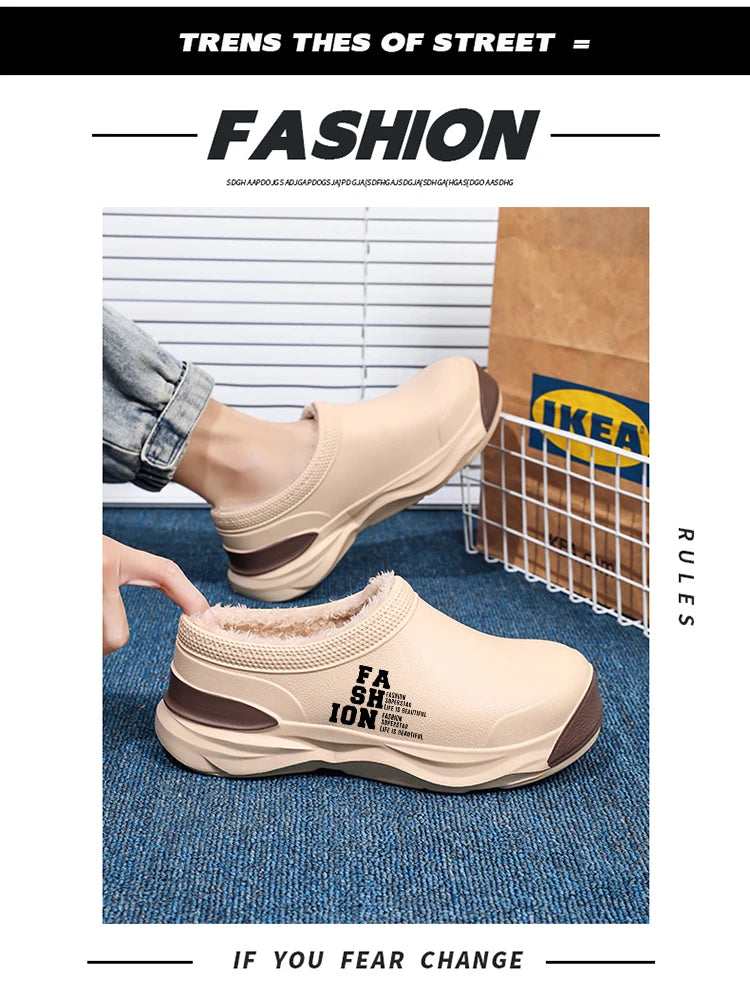 STRONGSHEN Men Plush Warm Chef Shoes Outdoor Garden Clogs Proffesional Waterproof Oilproof Non-Slip Kitchen Shoes For Pet Work