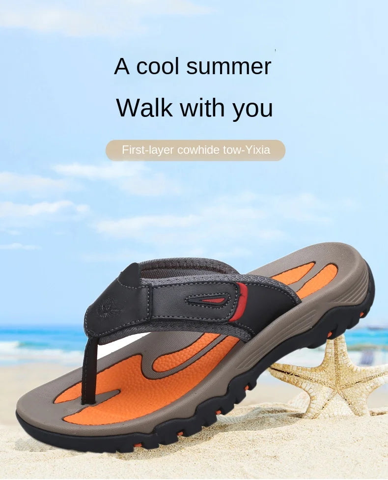 Cow Leather Outdoor Men Slippers Non-slip Wear-resistant Men's Flip Flops Summer Casual Shoes For Men Beach Sandals Plus Size