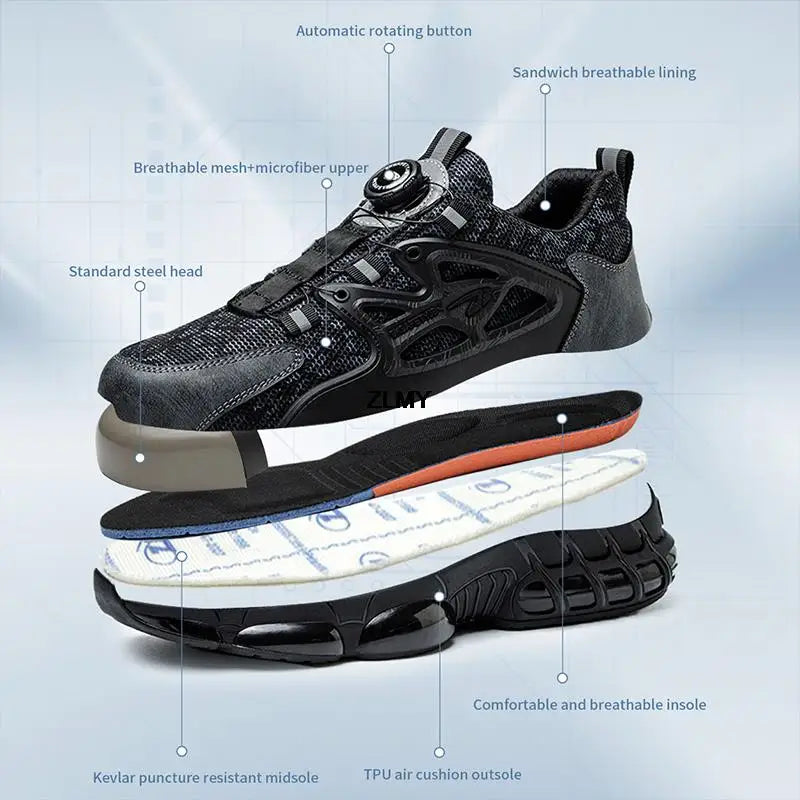 ZLMY Rotating Button Safety Shoes Men Steel Toe Sneakers Air Cushion Work Shoes Man Puncture Proof Work Safety Boots Protective