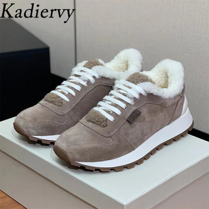 Casual New Sneakers Woman Round Toe Lace Up Outdoors Shoes Cow Suede Patchwork String Bead Comfort Flat Women's Sports Shoes