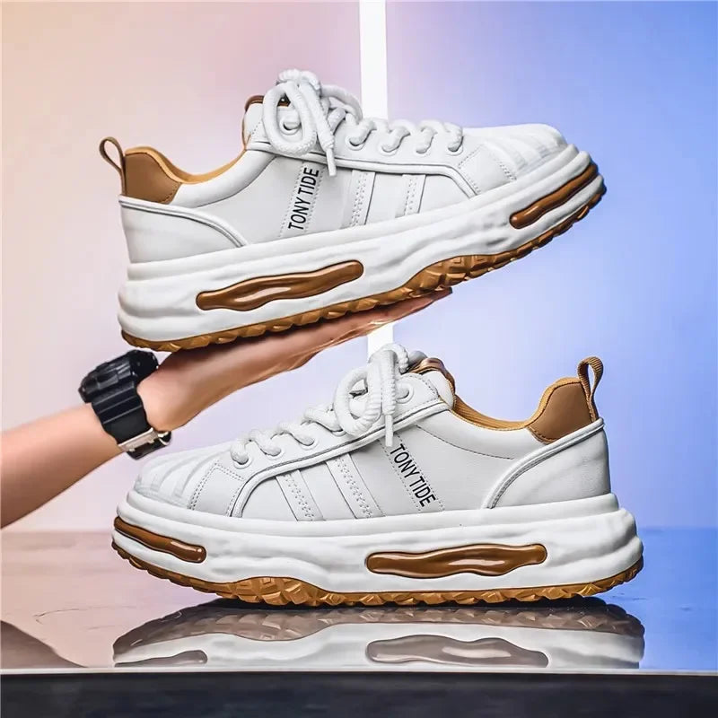 Men's Sneakers Design Printing Leather Casual Sports Shoes Fashion Comfortable Height Increased Flat Platform Skateboard Shoes