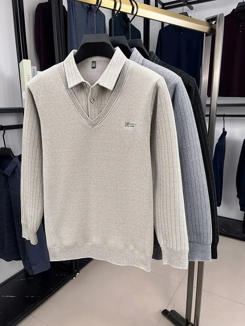 Mens Sweater Polo Collar Label Patchwork Stripes Plush Wool Liner Knitted Thickened Sweater Brand Luxury Print Thermo Menswear